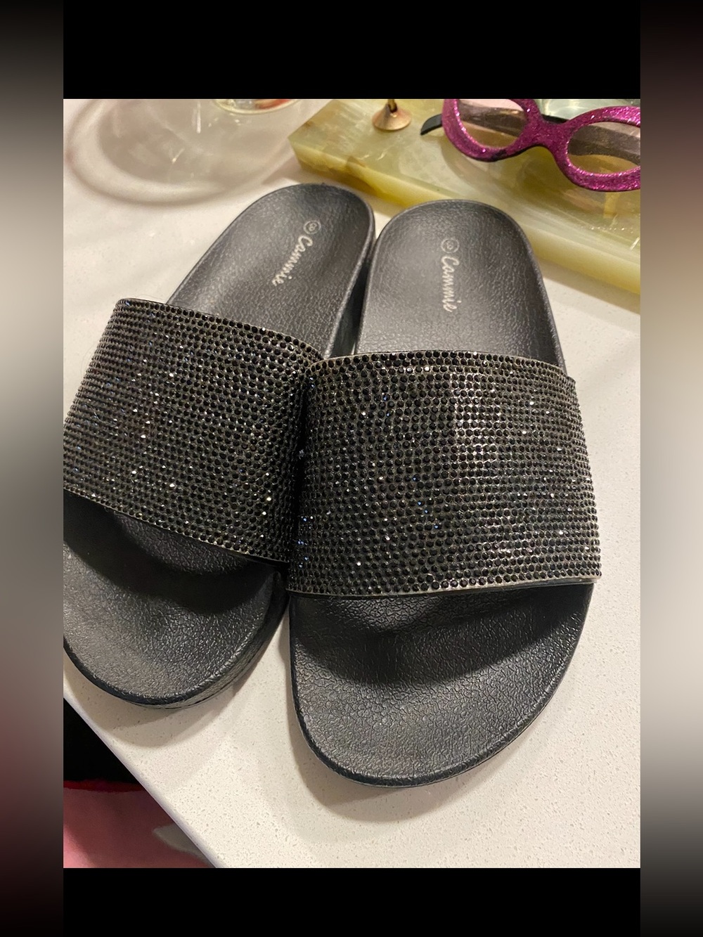 Cammie Black Sparkle Slide Sandals